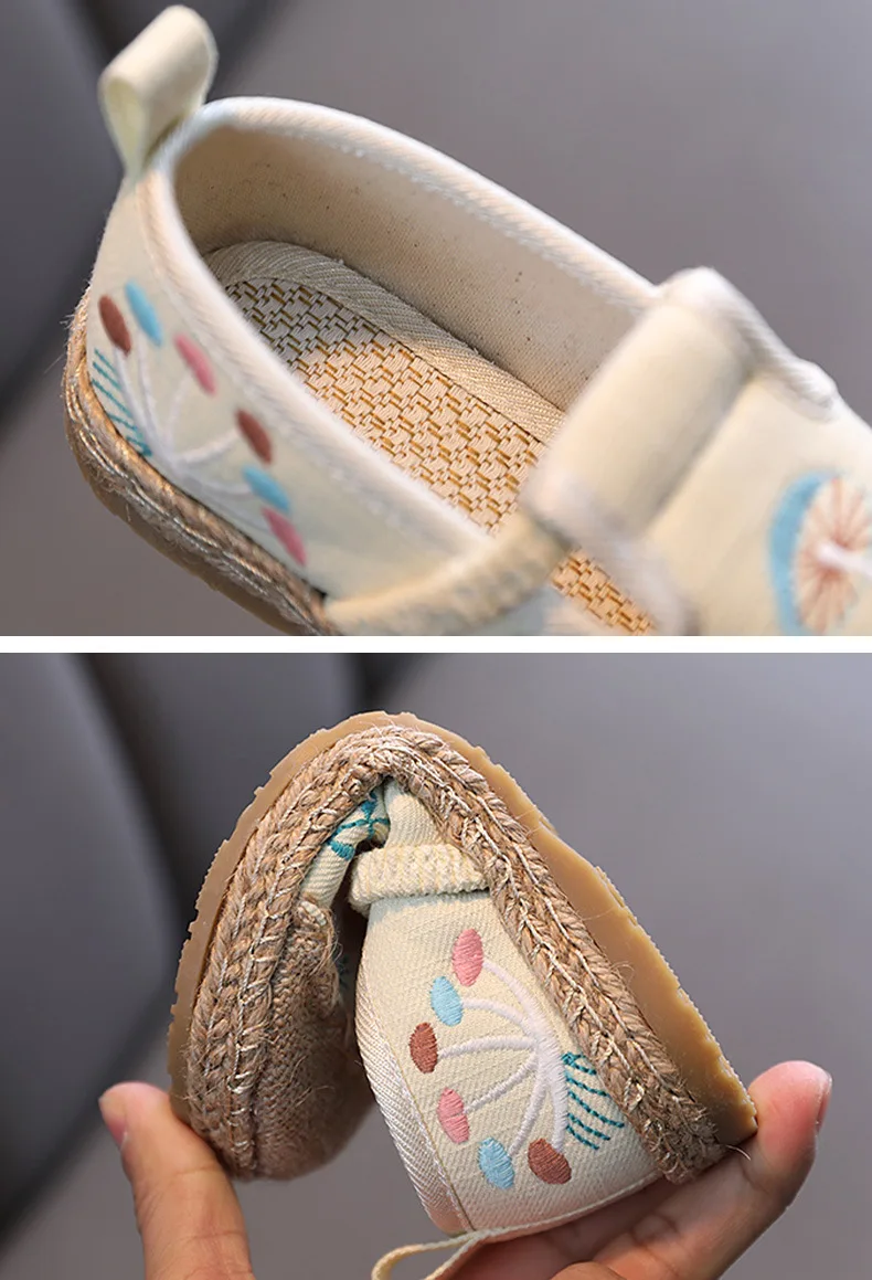 New Children\'s Chinese Embroidered Shoes Women\'s Linen Straw Woven Low Heel Canvas Shoes Spring Student Series Single Shoes