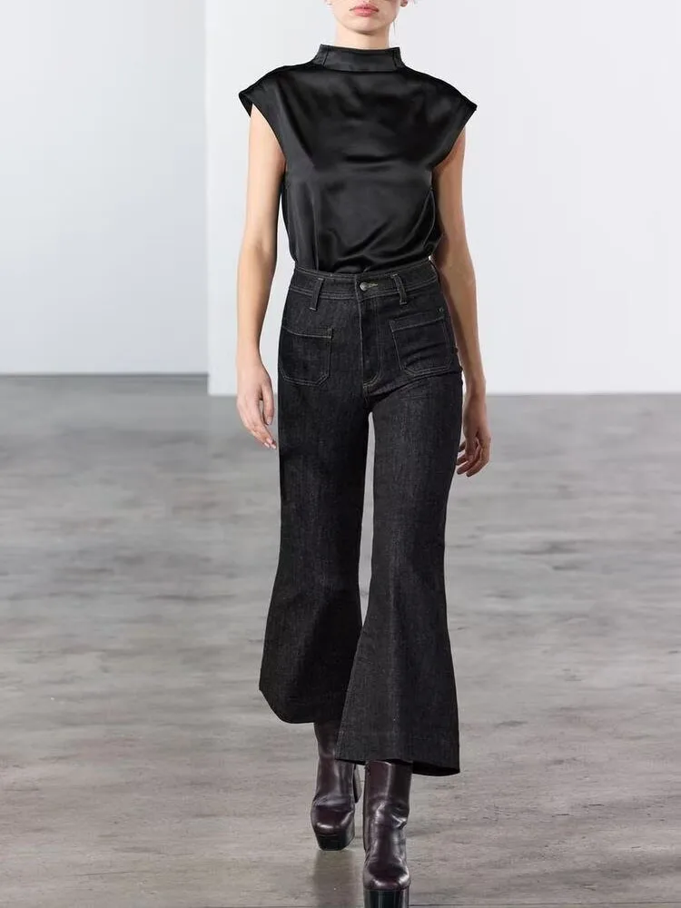 

Свободные прямые джинсы с высокой талией, темно-синие джинсы, женские весенние новые универсальные джинсовые брюки с высокой талией, длинные брюки