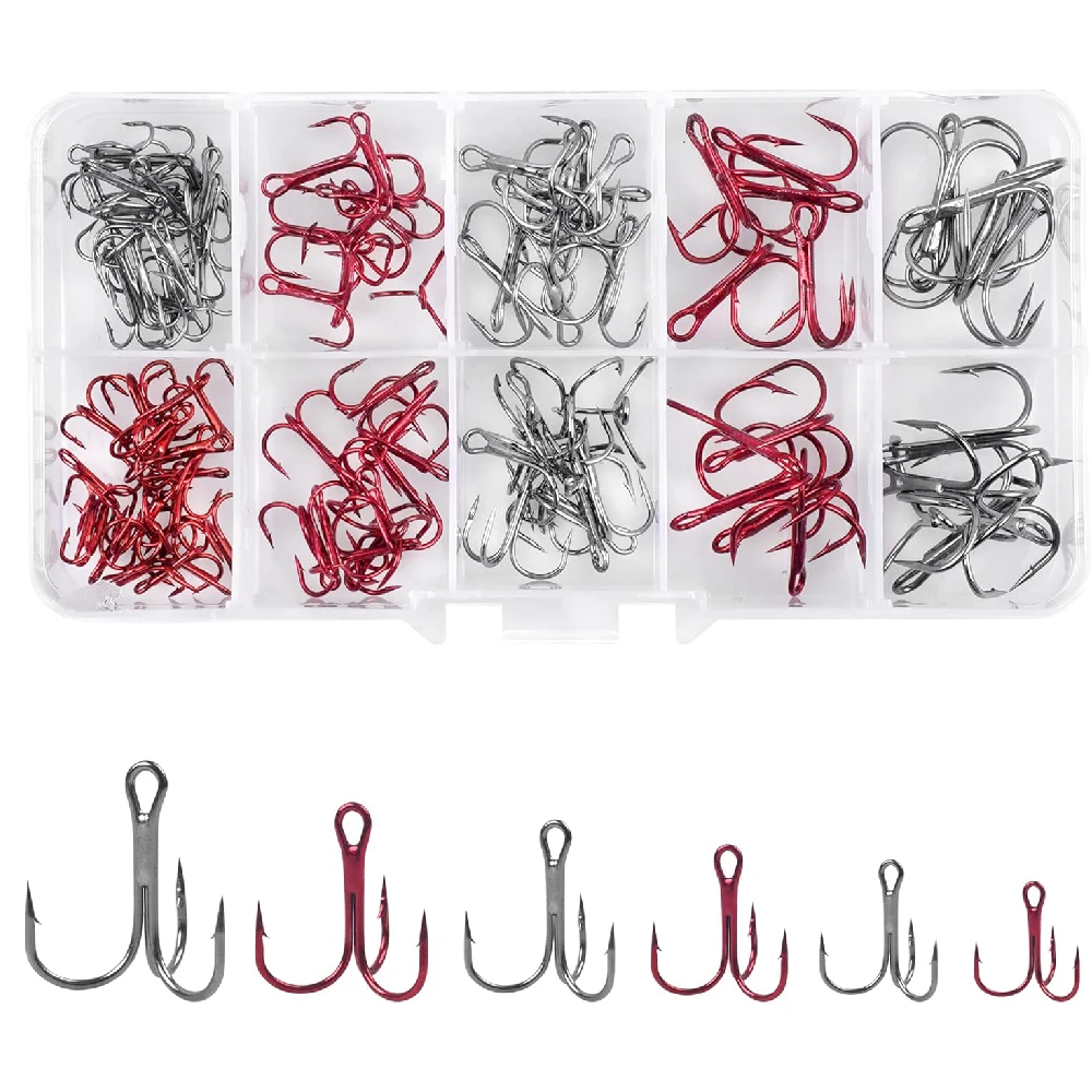 100pcs Fishing Treble Hooks Kit Strong Sharp Round Bend Triple Hook ...
