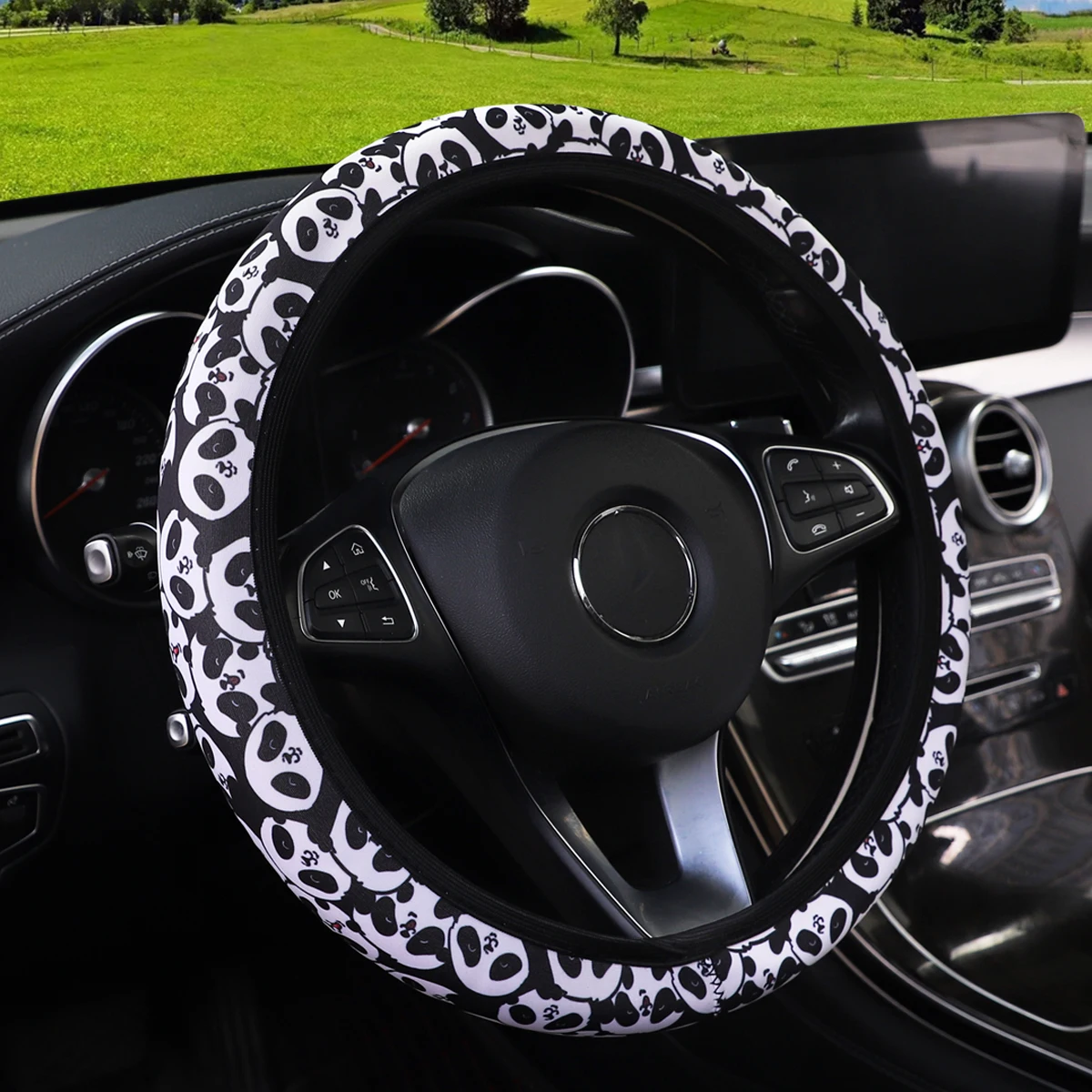 Flower Panda Spider Web Fabric Non-slip Car Steering Wheel Cover without Inner Ring Car Accessories Suitable for 14.5-15INCH