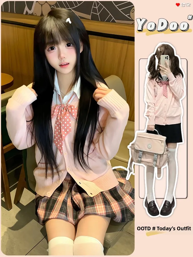 

Japanese Sle JK orm Set Knitted Sweater Long Sve Pink Soft Girl School orm Feel Women's Faion Sweet Sle