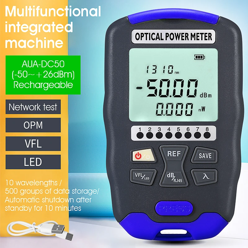 

AUA-DC50 Перезаряжаемый измеритель оптической мощности (OPM) Визуальный локатор неисправностей (VFL) Универсальный тестер оптоволоконного кабеля Инструмент тестирования FTTH