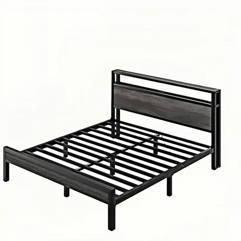 King-size bed frame with storage headboard and LED light, includes charging station, no spring mattress required, gray.