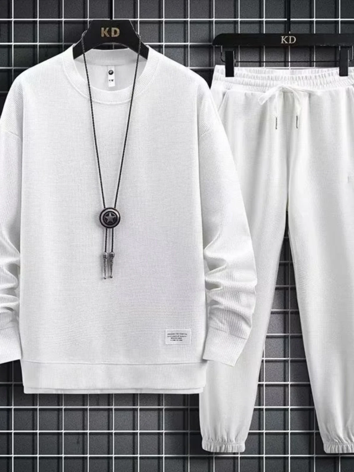 

Men's Casual Sportswear Long Sve T-irt And Pants Set Autumn Cotton Plaid Faionable Youth Outfit Long Pants