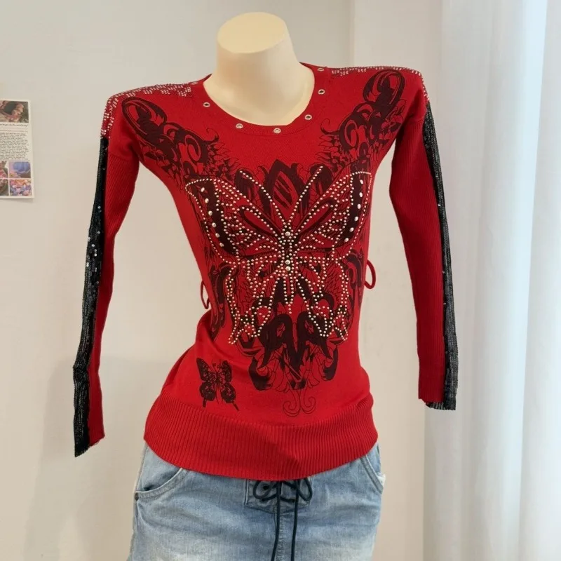 

Retro Hot Diamond Butterfly Print Colorful Hot Girl Stretch Thin Knitted Top