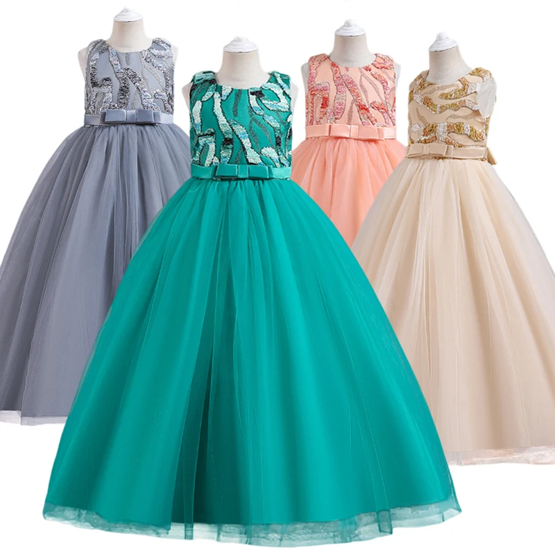 Junior Girl's Long Party Dress for Wedding Birthday Ceremonies Apllique Tulle White Pink Champagne Blue Gala Gown for 5-14Y Kids