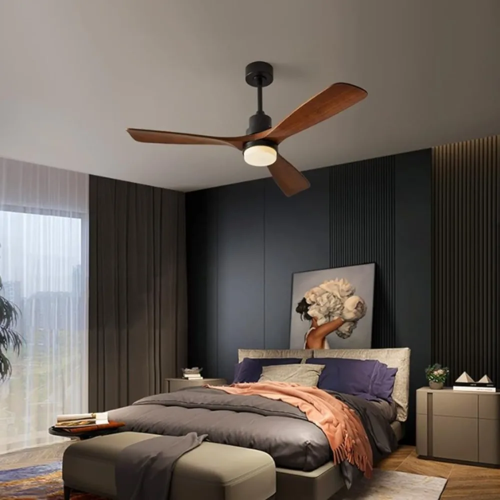 Modern ceiling fan with lights, 3 wooden fan blades,52 inch black with remote control, used for reversible DC motors in bedrooms