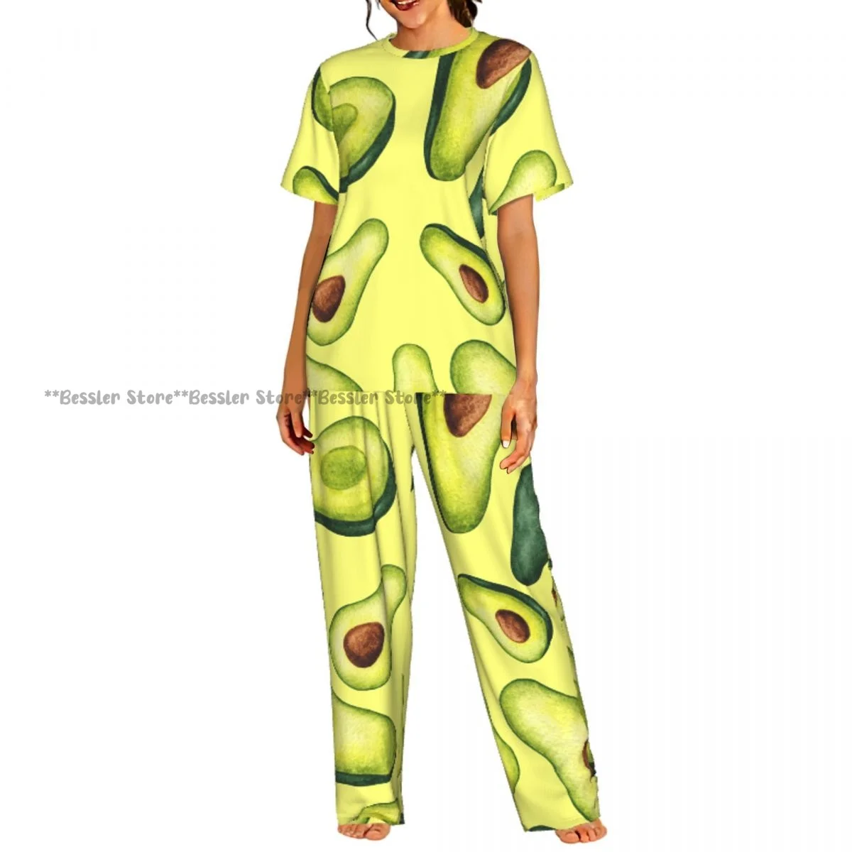 Watercolor Avocado Pajamas Set Short-sleeved Women Home Clothing