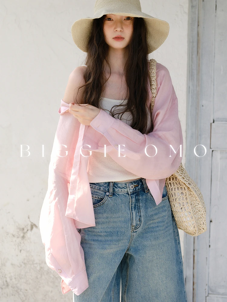 

Женская футболка Biggie 2026 из чистого льна с защитой от солнца, охлаждающая, с дизайном «Клубничный пудинг», повседневная, для поездок на работу, с длинным рукавом