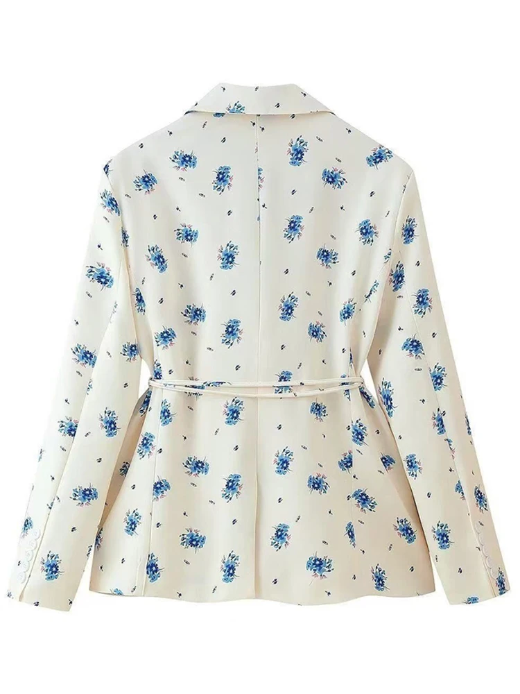 Elegant Floral Blazer with Belted Waist & Shoulder Pads
