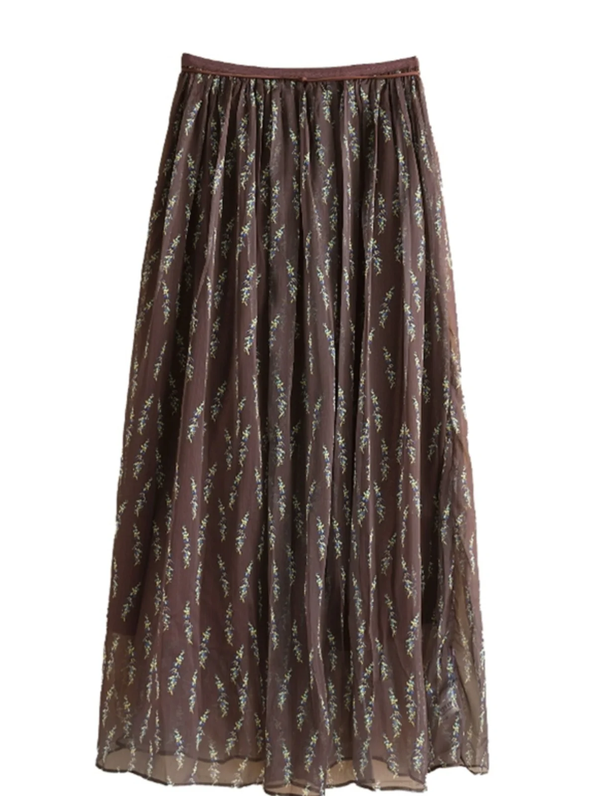 Ele الأزهار طباعة الشيفون ter Ne Dr المرأة تخفيف خمر عالية الخصر ألف خط تنورة ميدي طول مع الطيات #5