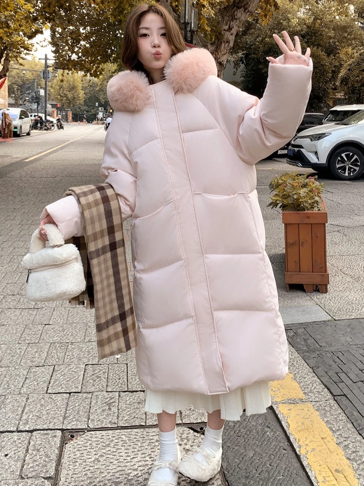 

2025 Winter Thickened Mid Length Pink Padded Jacket Women Over Knee Coat Fur Collar Warm Cotton Parka Outerwear