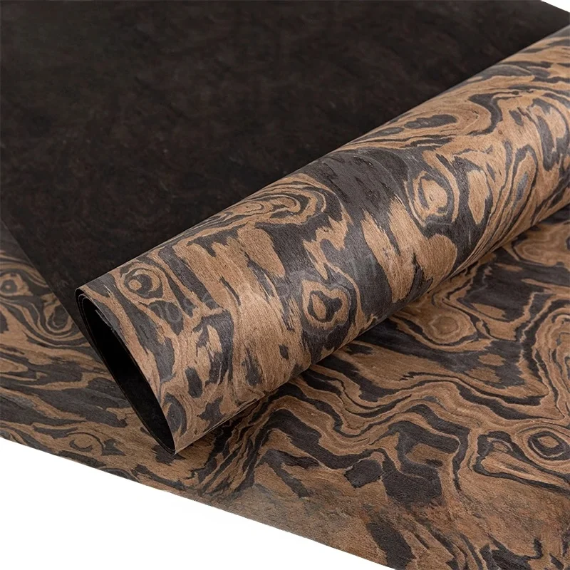 Reconstituted Engineered Black Walnut Wood Veneer with Whirlpool Burl Root Grain, E.V., 62x250cm,1 Piece, Fleece Backing, Brown