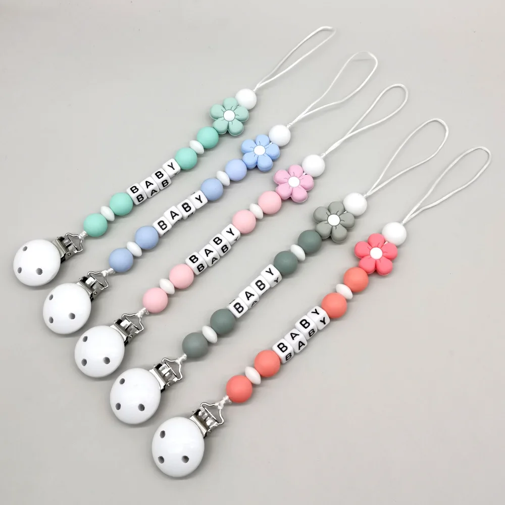 

Personalized Name Flower Baby Pacifier Clips BPA Free Silicone Dummy Nipple Holder Clip Chain Teething Toy Pacifiers Accessories