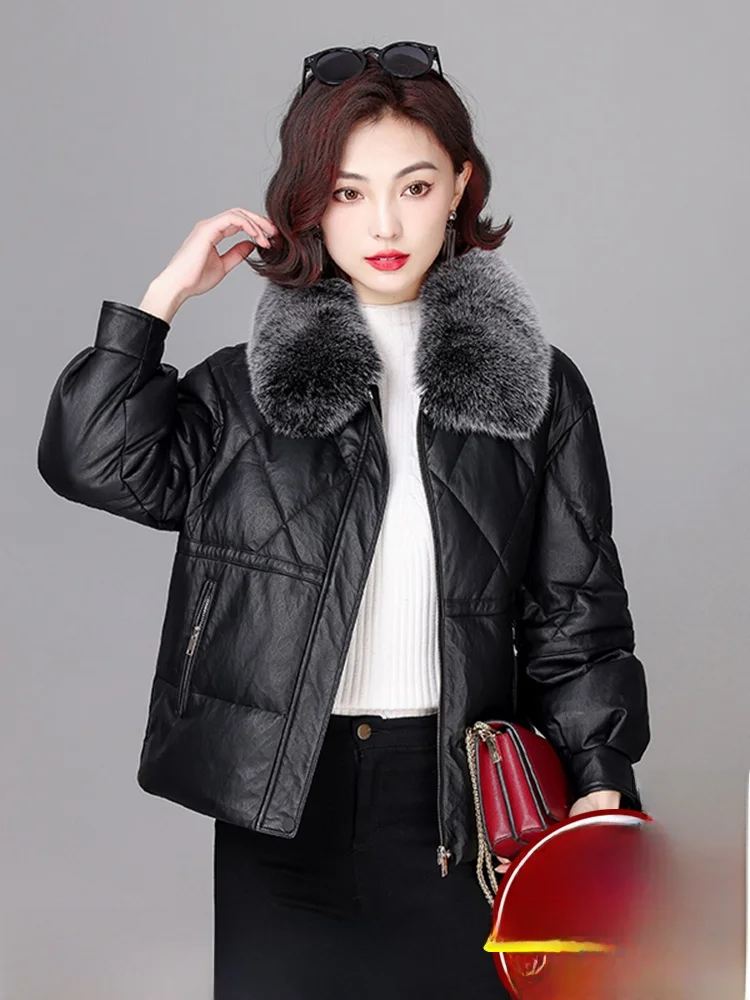 

Ning Genuine Leather down Jaet Women's ort Loose Slimming Fur Coat Outerwear eepskin Commute Sle Zipper Clo...