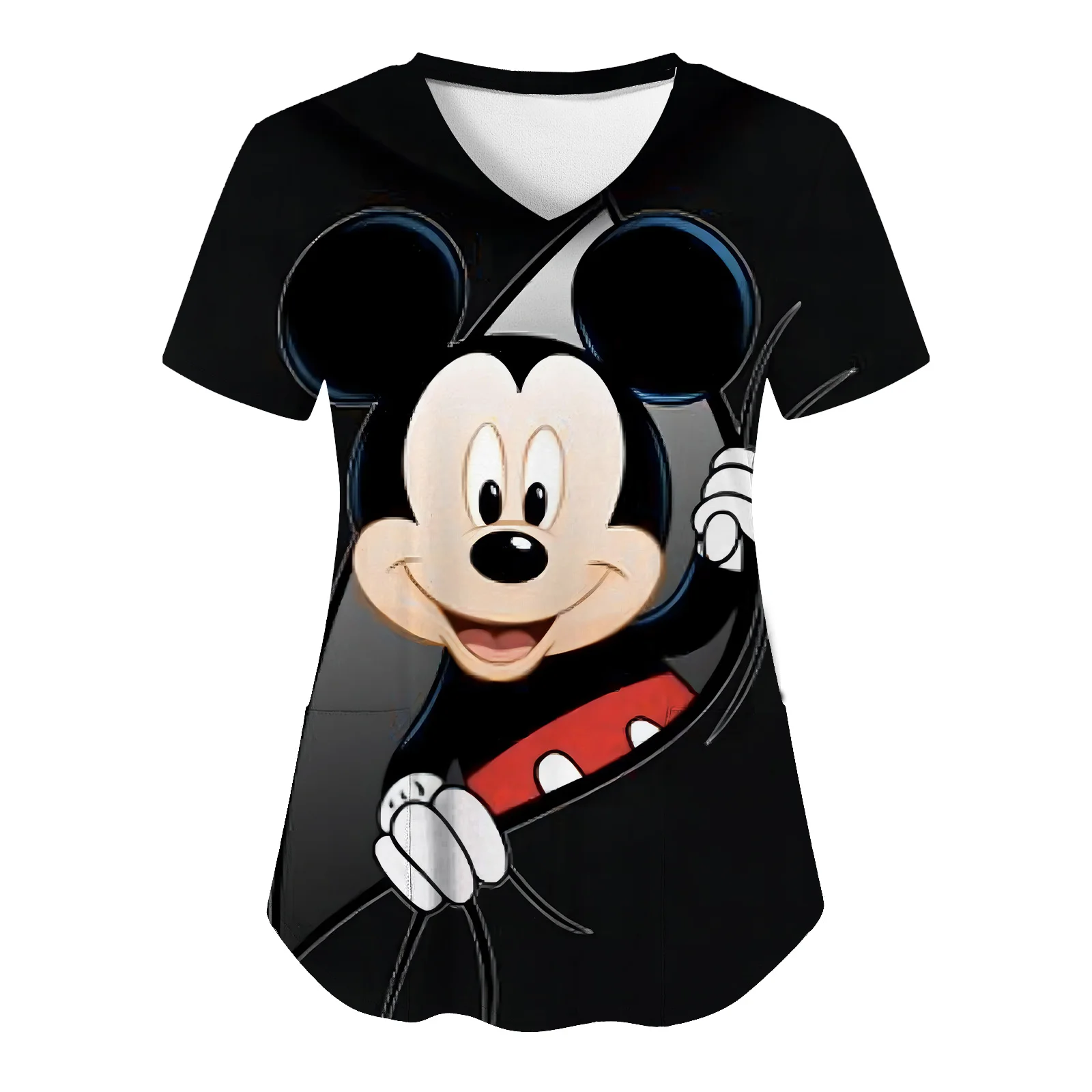 Women 2024 Pocket Woman Clothes Hospital Summer Tops Disney Tees Minnie Mouse T-shirts V Neck Nurse Uniform T-shirt Mickey Top