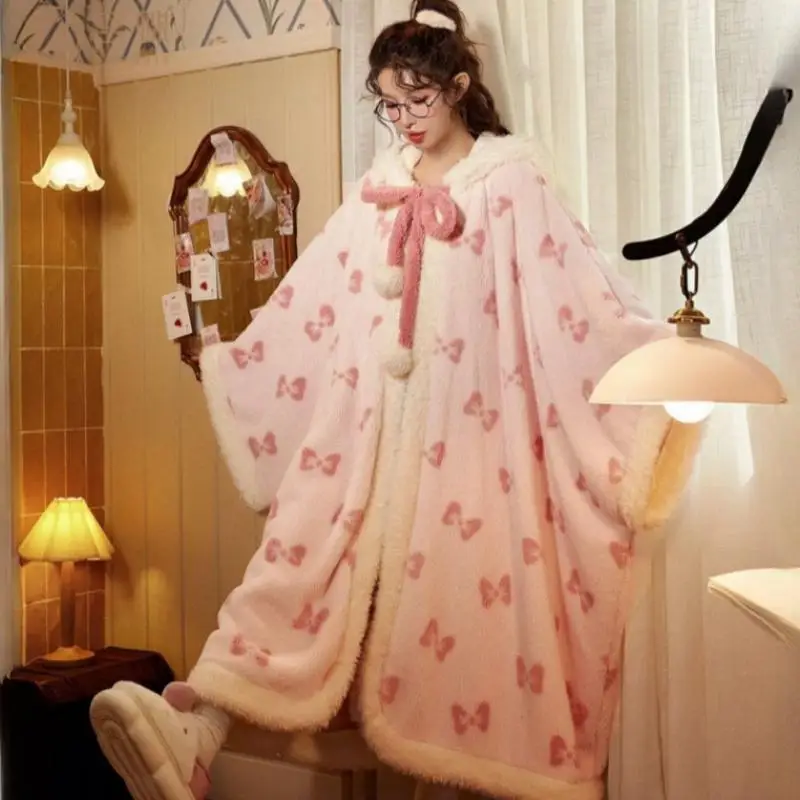 Anime Mary Cat Nightgown Cartoon Women's Autumn and Winter Coral Velvet Comfortable Thickened Long Cape Pajamas Home Wear