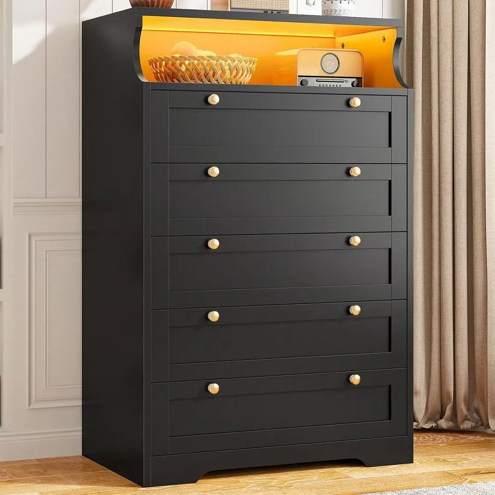 5-Drawer Black Dresser with Bedroom Storage Solutions, Tall Dresser with LED Lights and Dual Shelves for Hallway or Entryway