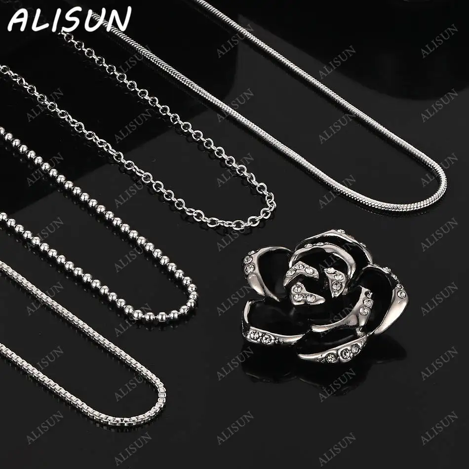 

ALISUN 40-75cm 925 Sterling Silver Black Rose Pendant Necklace For Women Men Charm Trend Birthday Gifts Fashion Party