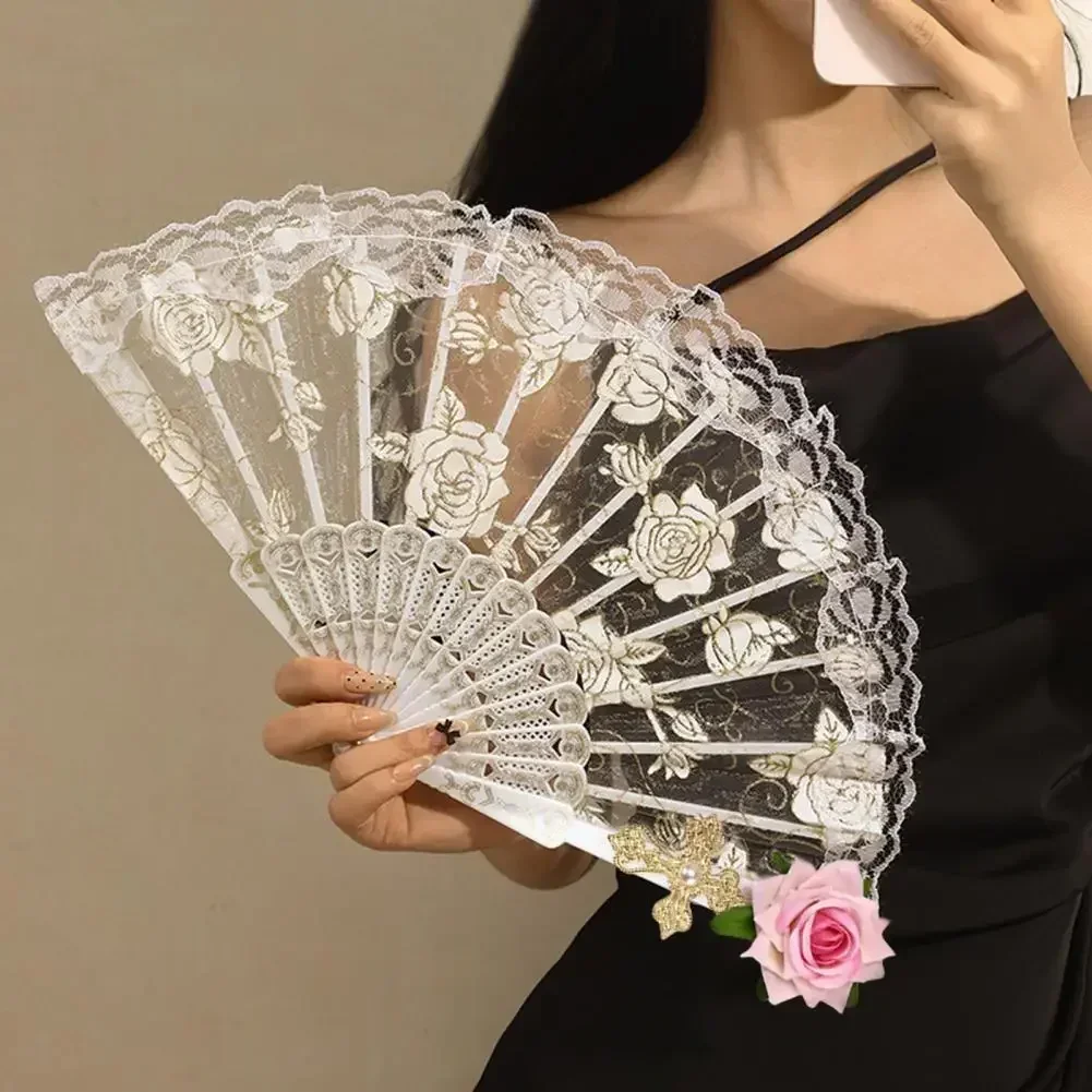 Female Lace Hand Fan Lolita Gothic Fan Victorian Vintage Black White Red Rose Bamboo Fans Cosplay Halloween Party Photo Prop