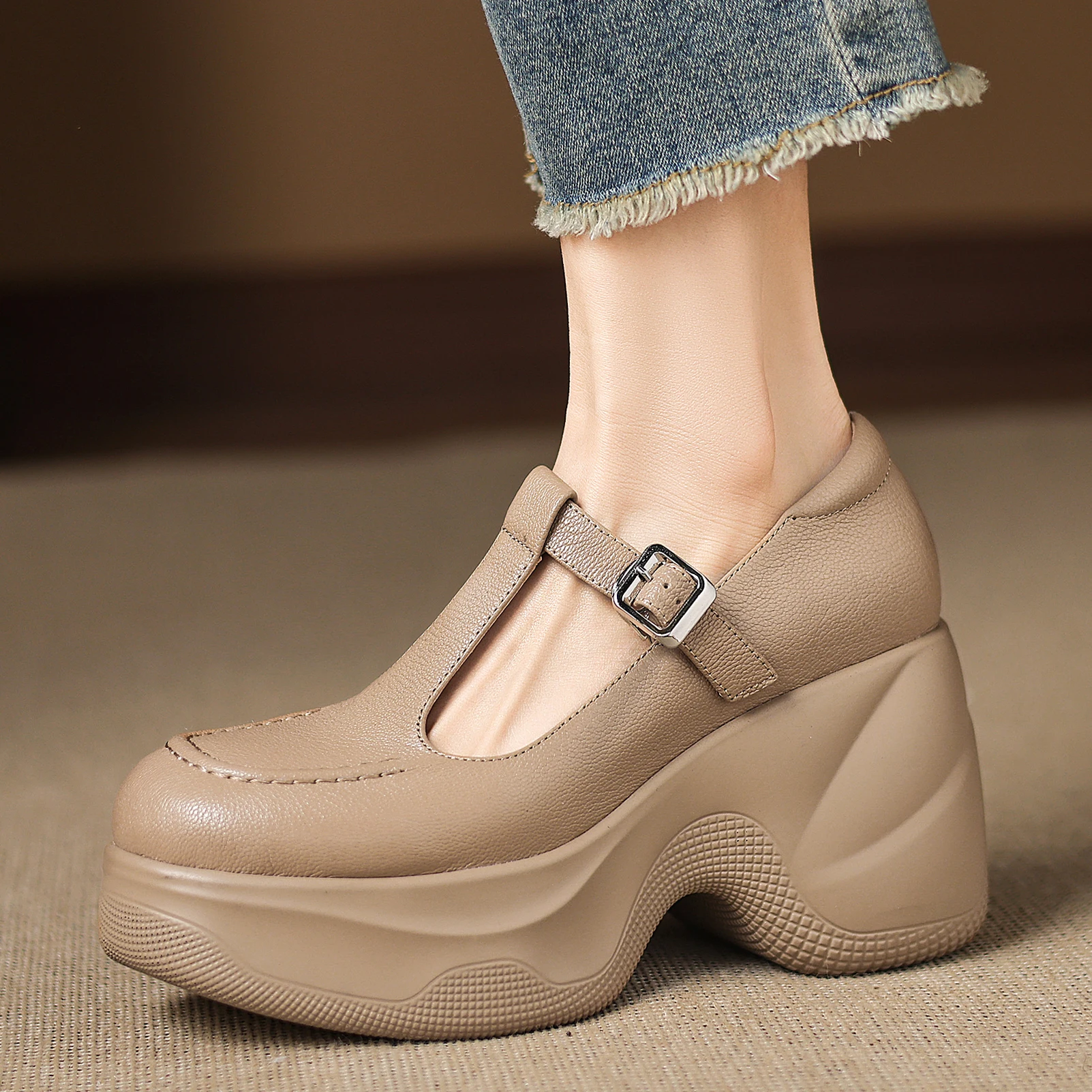 EAGSITY A Grade Cow Leather retro mary jane shoes women platform high heel round toe ankle strap shoes footwear casual
