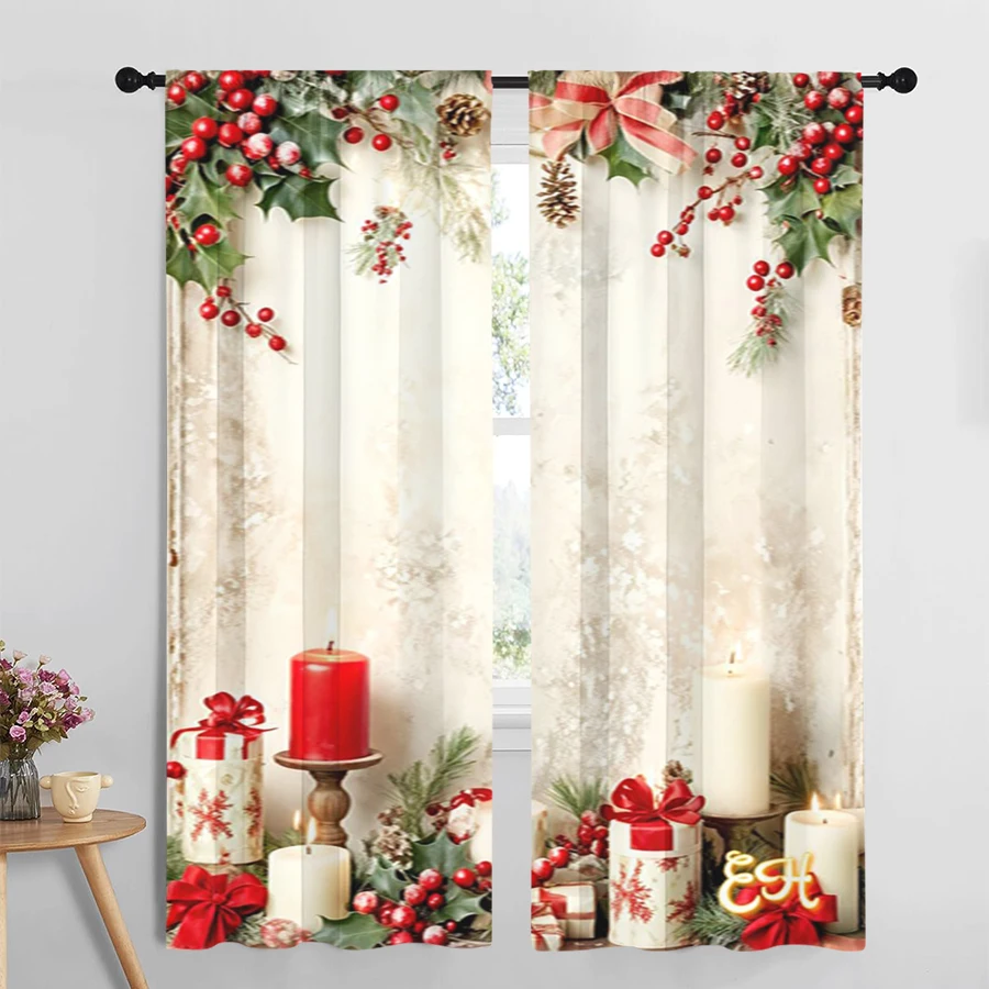 2PCS Christmas Winter Curtains, Candle Red Berry Pine Branch, Digital Print, Bedroom Living Room, Home Decor Window Drapes
