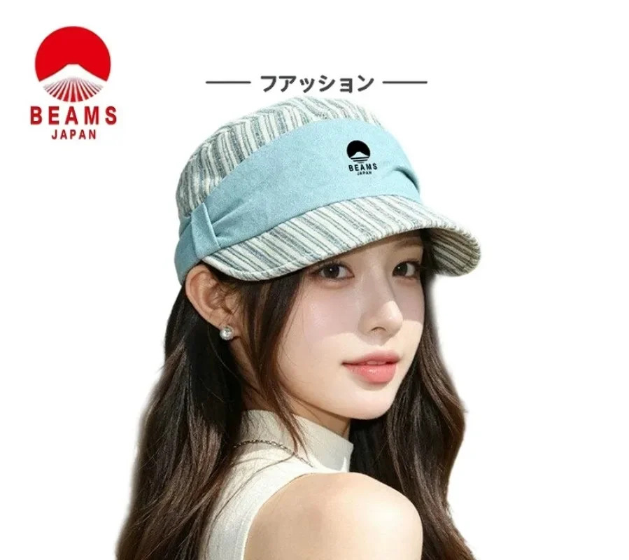 BEAMS Women Summer Thin Vintage Equestrian Beret Hat Linen Breathable UV Protection Duckbill Cap Japanese Style Casual