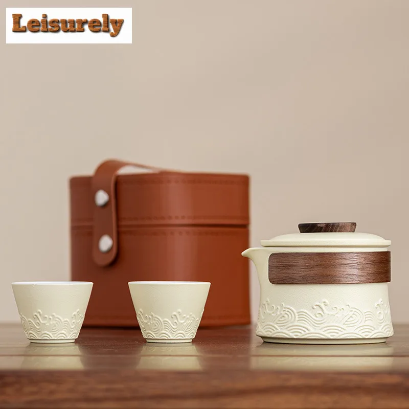 High Grade Sea Wave 1 Pot 2 Cups Tea Sets Anti-scald Pot Portable Travel Home Office Cups Ceramic Tea Coffee Container With Bag