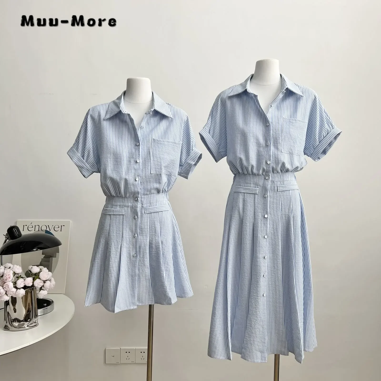 2024 Spring Summer Vintage Short Sleeve Turn-Down Collar Striped Dresses Women's Elegant Classic Office Lady A-Line Shirt Dress