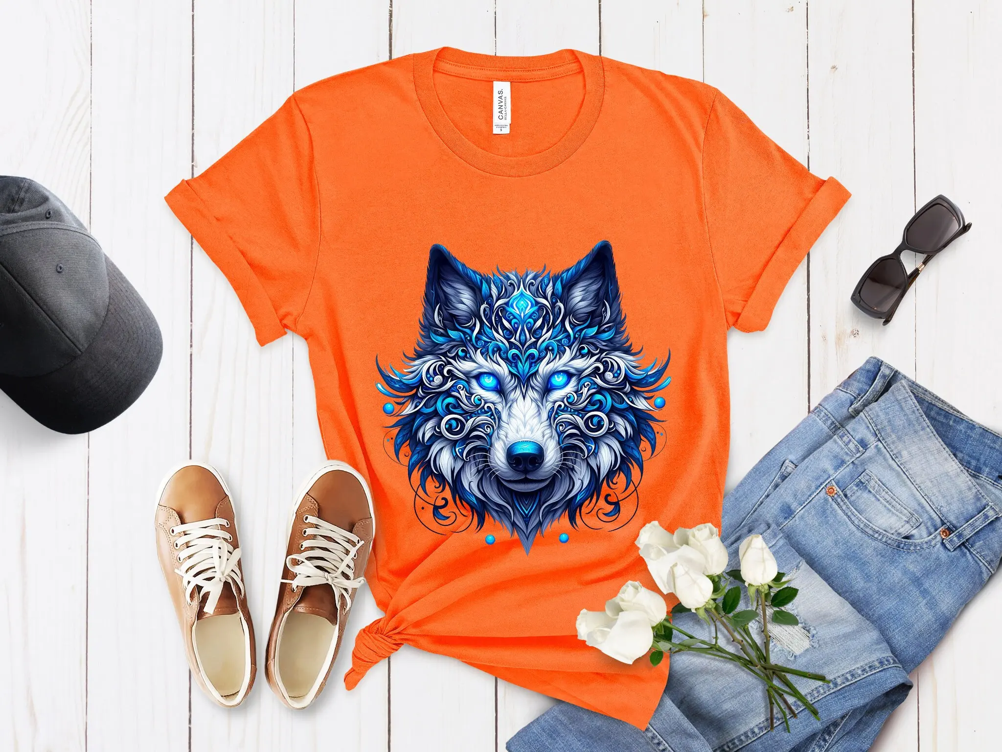 Blue Wolf Head Tribal Design T Shirt Intricate Animal Art Top Unique Nature Inspired Fashion Stylish Casual Wear