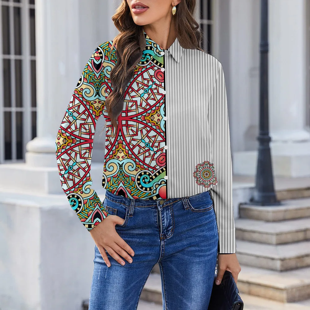 

Retro Women's Striped Patchwork Printed Lapel Loose Shirt 2024 Spring And Autumn Fashion Long Sleeved Shirt Top Office Blouse