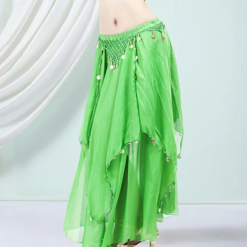 

Indian Costume Belly Dance Top Coins Hip Scarf Skirt Belly Dance Costume Women Chiffon Folk Dance Shiny Tassels Show Skirt