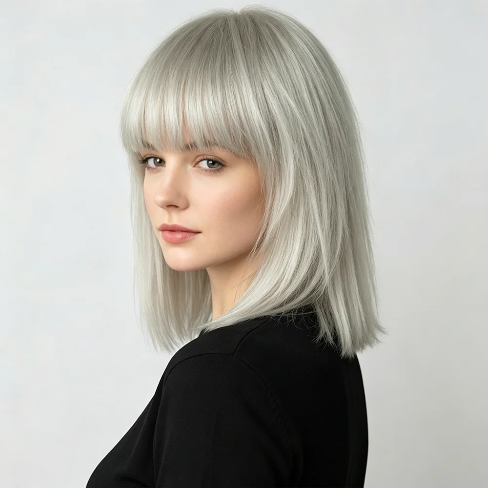

Silver Gray Straight Bob Wig with Full Bangs 100% Human Hair Blunt Cut Wig Glueless Cap Machine Made Natural Realistic Look