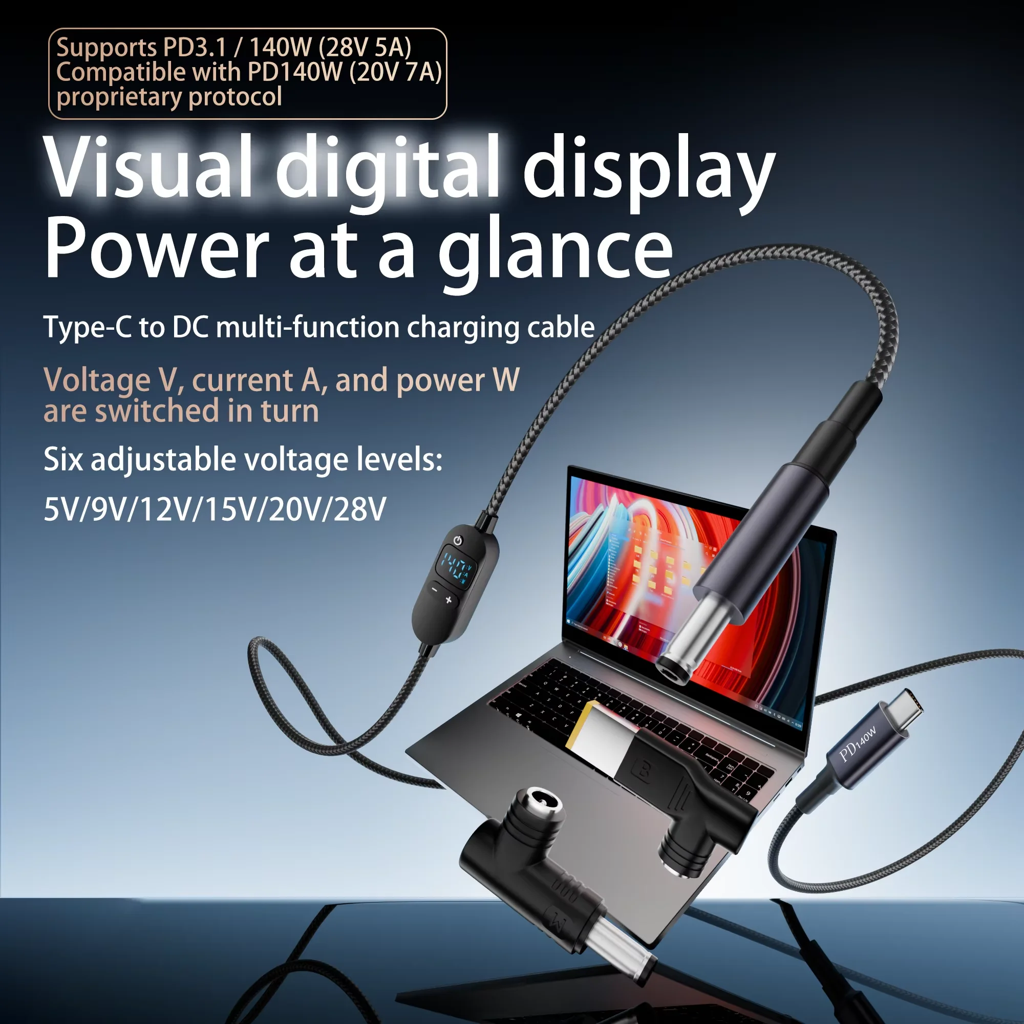 

1.5m USB C Input to DC 5.5mm x 2.1mm Charging Cable for Laptop, 5V 9V 12V 15V 20V 28V Power Supply Cord with Digital Display