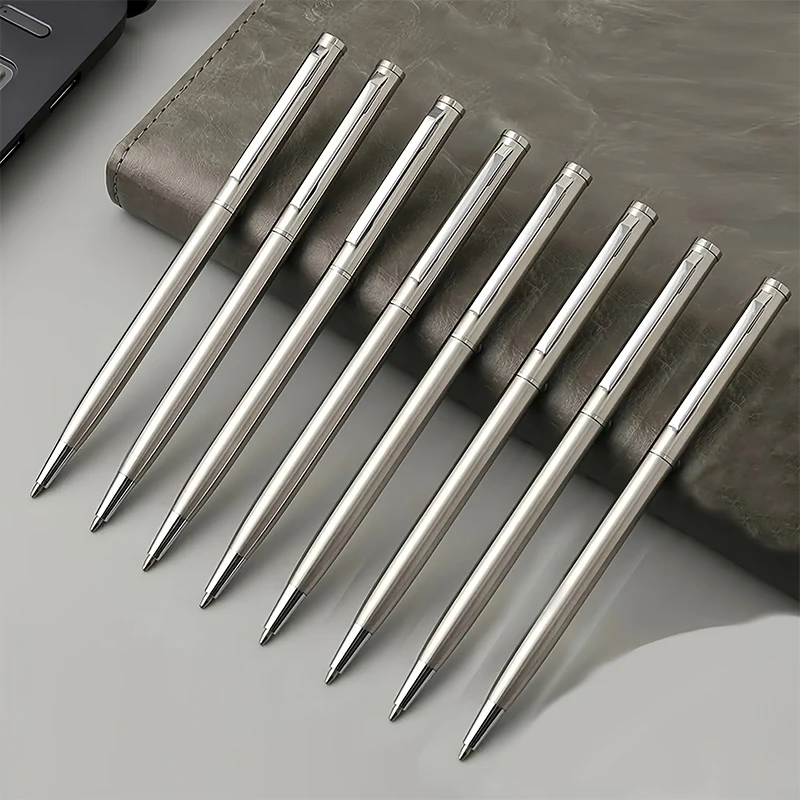 

5pcs Silvery Stainless Steel Ballpoint Pens, Twist-top Design, Durable, Smooth Writing, Perfect for Office & Gift Packaging