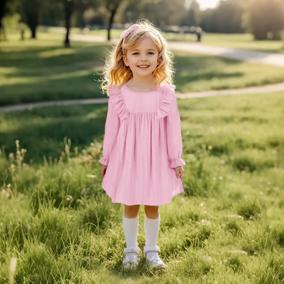 

Europe United States Girls Spring Autumn Dress Ruffled Long-sleeved Baby Casual Dress Sweet Solid Colour Korean Version Daily