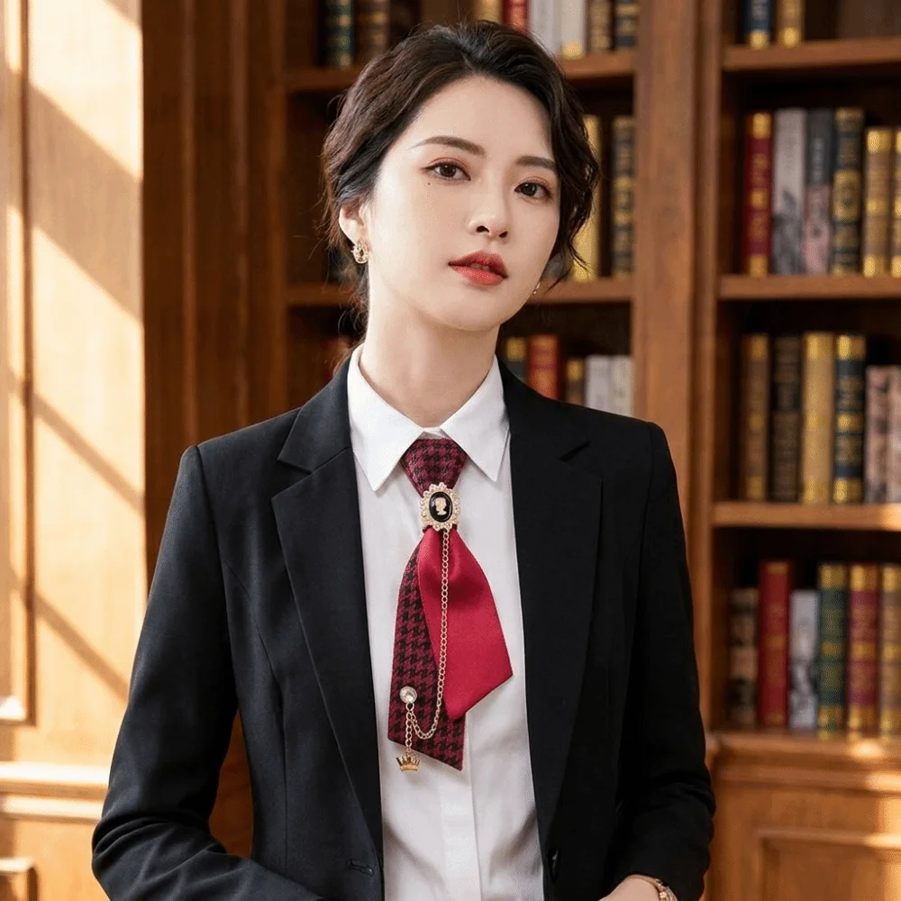 Chic Y2K Preppy Necktie Oval Rhinestone Chain Plaid Bow Tie Multiple Colors Adjustable Strap Decorative Neck Tie For Women