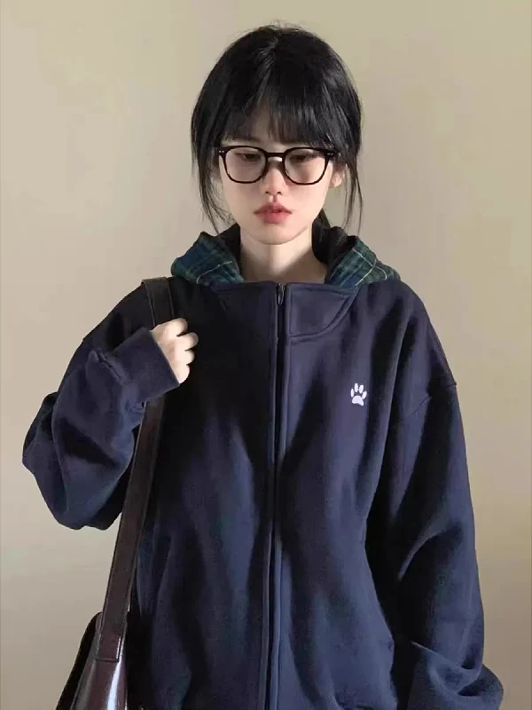 

Женская толстовка-кардиган больших размеров в американском ретро-стиле с принтом собачьих лапок и клетчатым узором, на молнии, осенняя, универсальная, свободного кроя, удлиненная