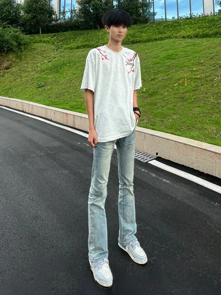 

American High Street Vibe Men's Jeans mid Waist Slim Fit Tall Guys Retro Pants Lift Crotch Micro Flared Casual Denim Jeans