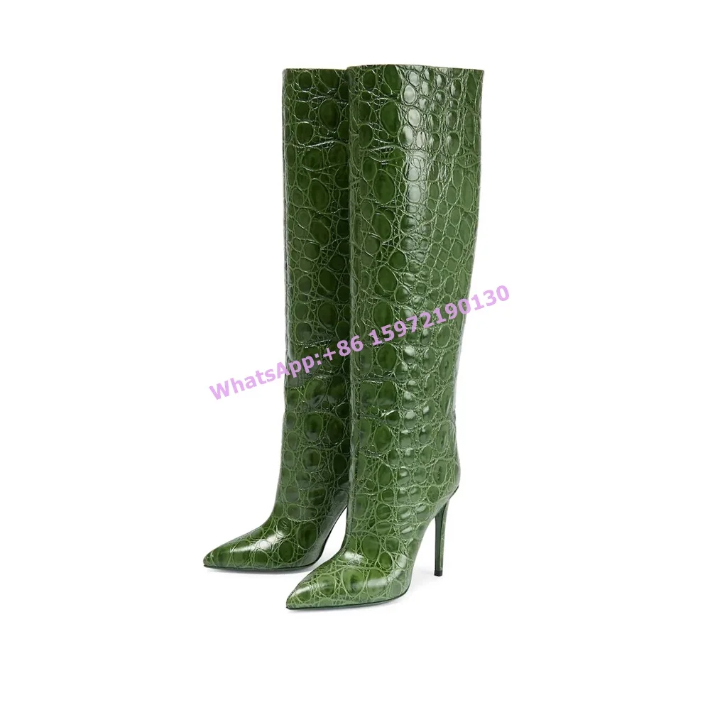 Stone Pattern Knee High Boots Pointy Toe Thin Heels Slip On Solid All Match Long Boots Women's Winter Fashion Snakeskin Shoes