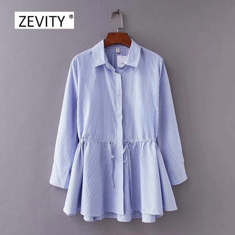 women vintage long sleeve striped loose hem smock Shirt blouses women waist drawstring casual business femininas blusas LS2563