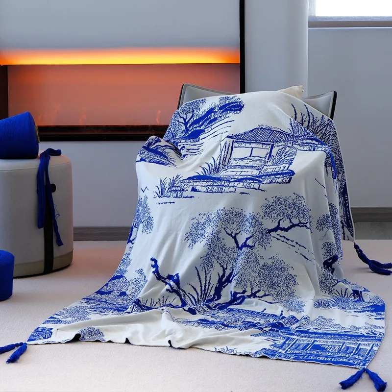 Ethnic Style Pure Cotton Blue Sofa Blanket Napping Knitted Blanket for Living Room Bedroom Adult Kids Sofa Cover for All Seasons