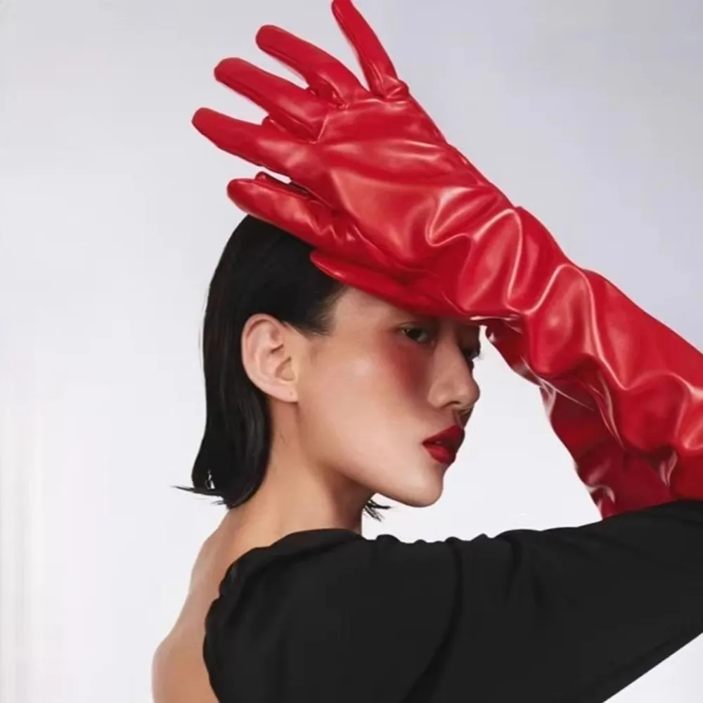 Elegant Long Elbow Gloves Keep Warm Soft Material Evening Party Gloves Costume Accessories Black Patent Leather Gloves