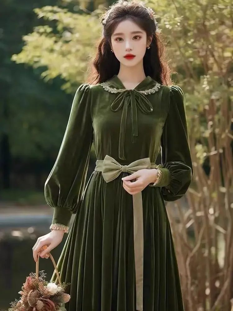 Gagaok Green Slimming Vintage Dress Light Luxury Peter Pan Collar Lantern Sleeve Velvet Dresses Women Bow Slim Waist Vestidos