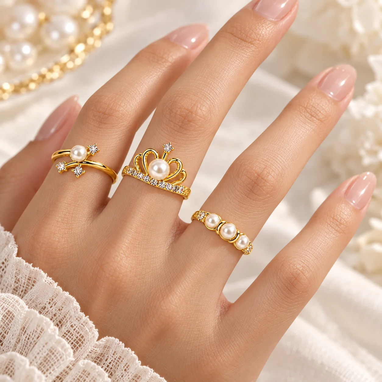 50Pcs Gold Plated Pearl Crown Ring Set for Women Vintage Crystal Tiara Stackable Rings Wedding Party Jewelry Gift Wholesale