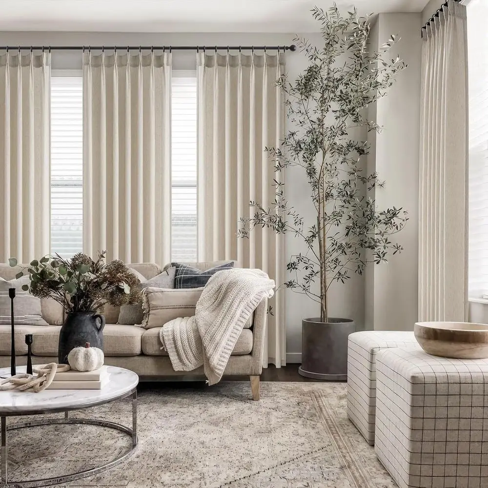 105 ستائر بطيات شبه شفافة من الكتان على طراز بوهو، مجموعة من لوحتين، نغمات محايدة لمساحات المعيشة