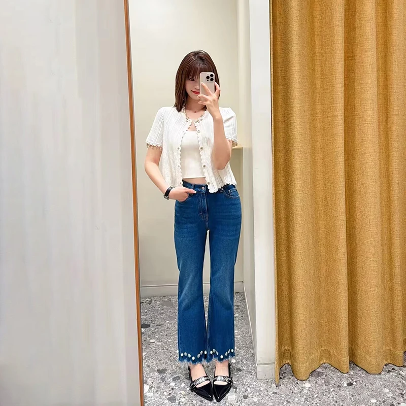 

Blue Washed Cute Fashionable High Waist Slim Fit Denim Jeans Spring Summer High Waist Embellished with Beads Small Flower Fra...