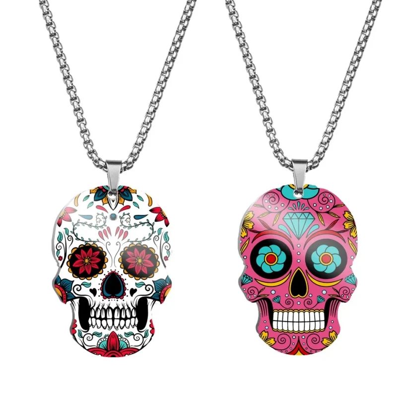 

HNSP Stainless Steel 3D Printing Skull Pendant Necklace For Men Women Jewelry Hallowmas Skeleton Accessories