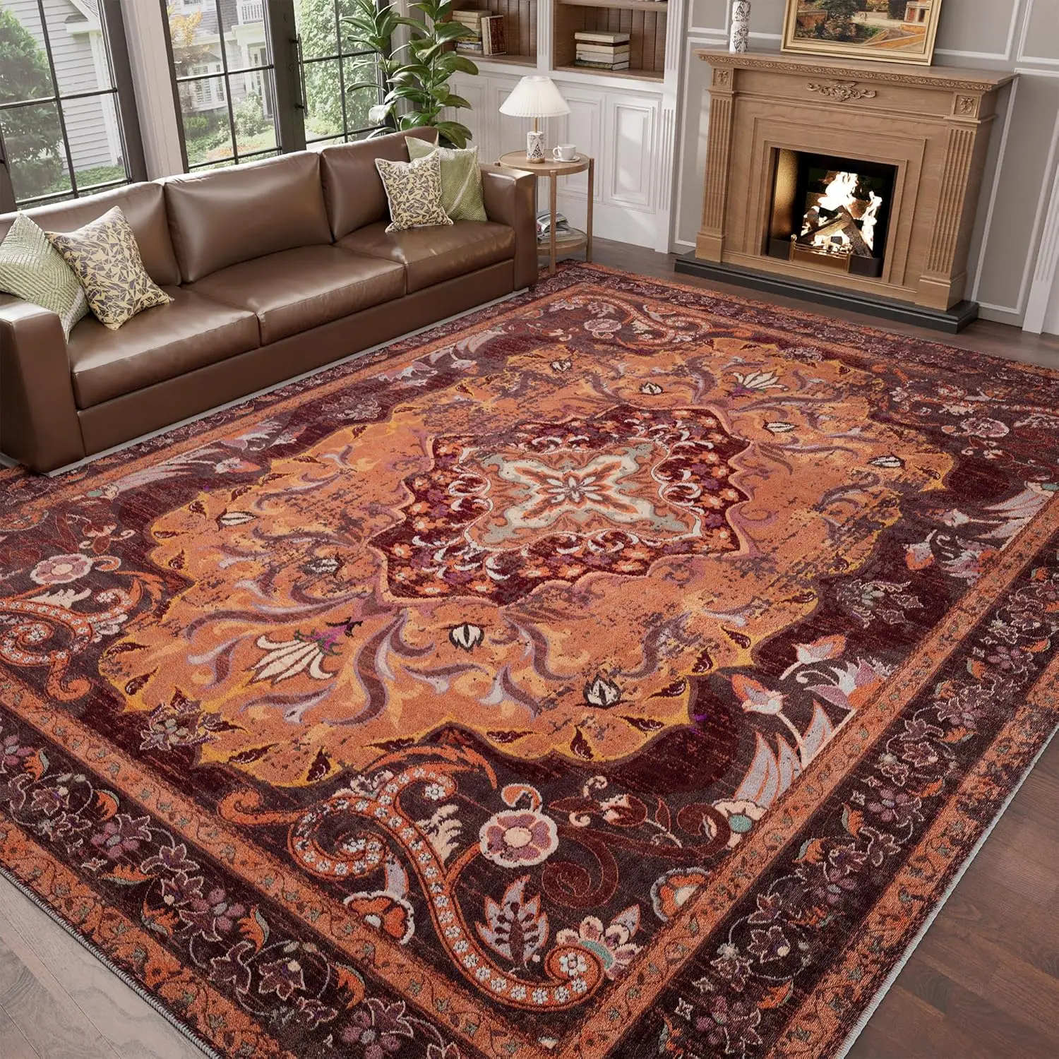 

8x10 Washable Boho Rug for Living Room, Non-Slip Large Vintage Carpet for Bedroom Dorm Dining Room Farmhouse Nursery Home Office, Orange & Red