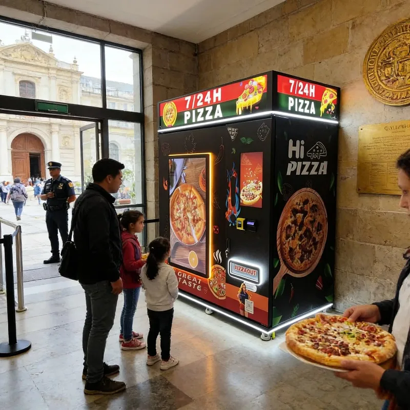Smart pizza vending machine with automated inventory monitoring and predictive maintenance alerts